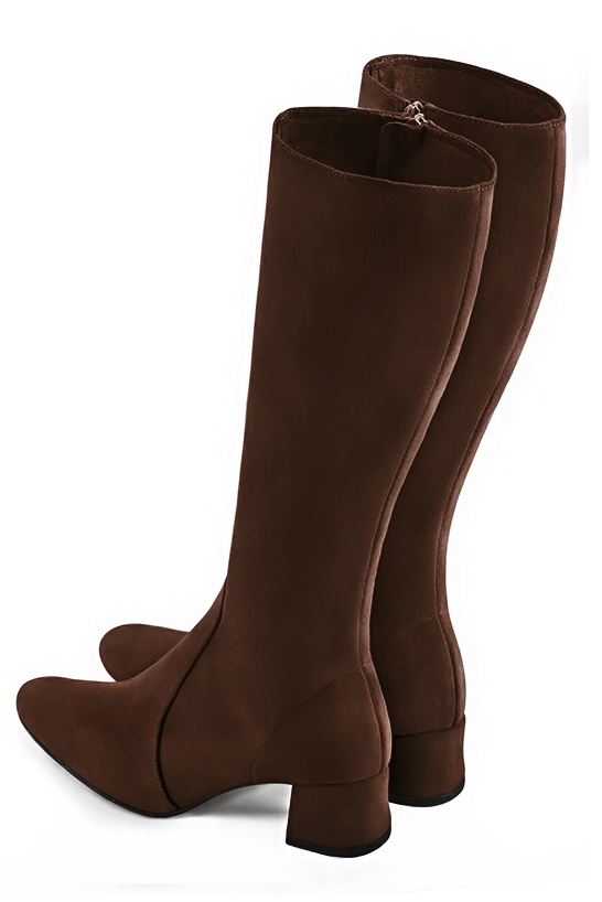 Dark brown women's feminine knee-high boots. Round toe. Low flare heels. Made to measure. Top view - Florence KOOIJMAN